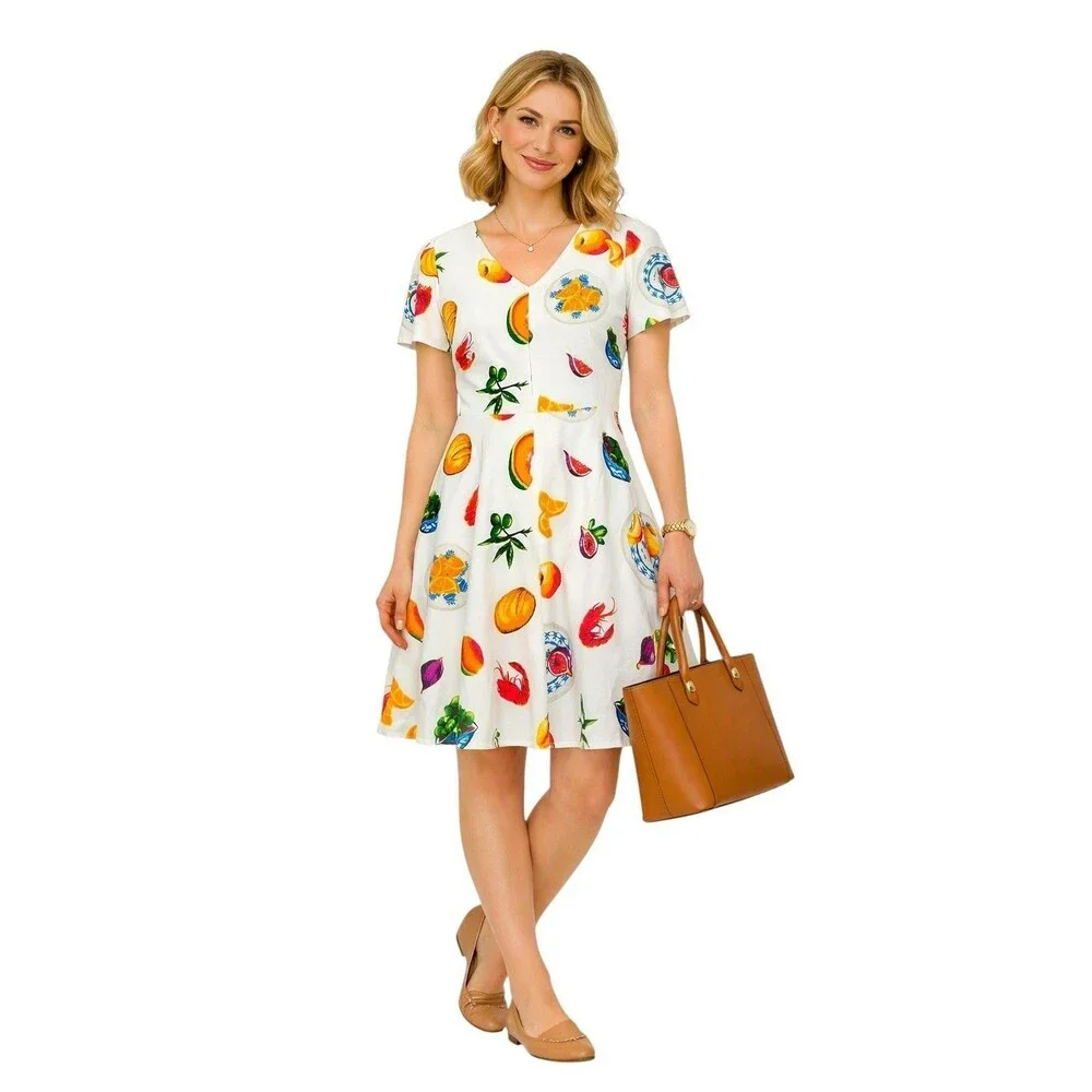 J.Crew Fruit Print Dress Size 6 Linen Blend Quirky Fit Flare Resort Teacher Twee